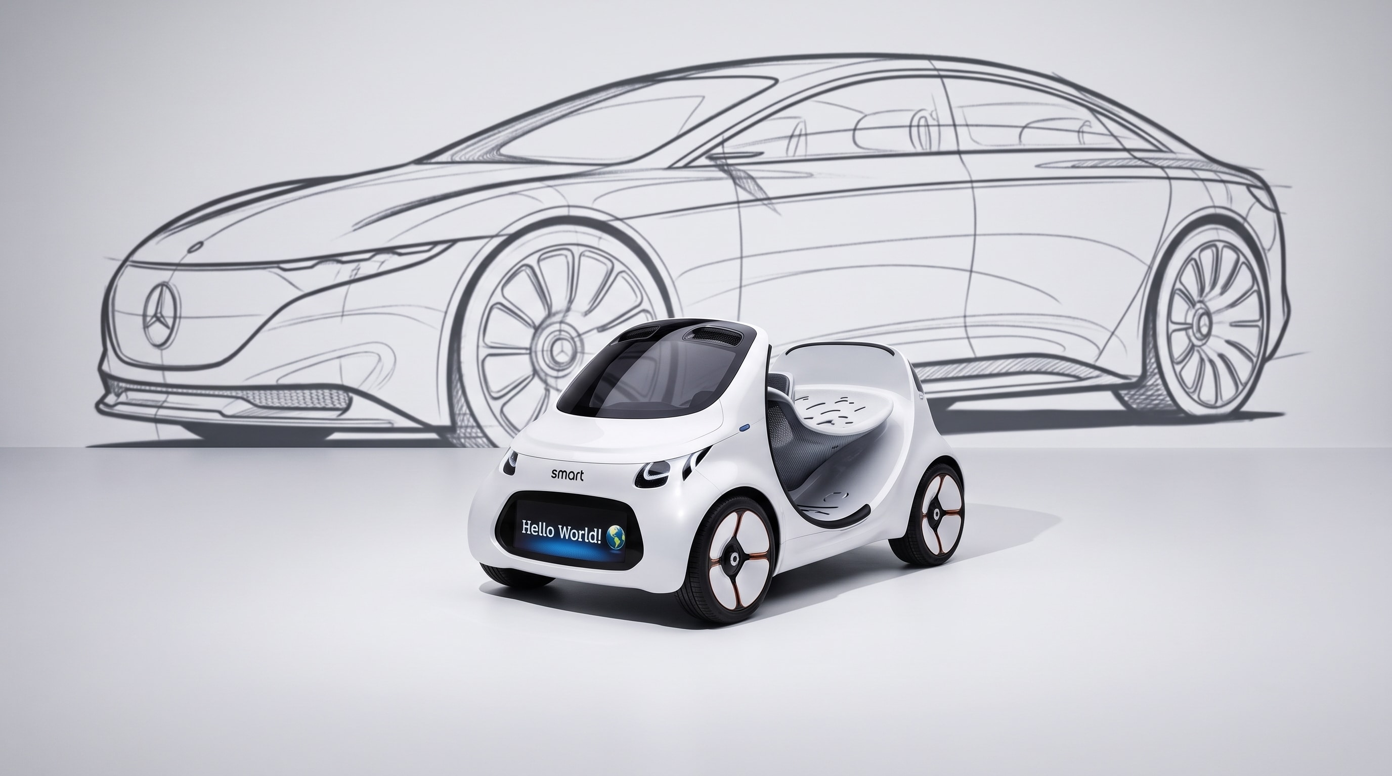 Rendering des smart-Kinderautos mit skizziertem Concept-Car im Hintergrund – Kampagne smart fortomorrow