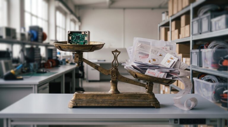 Balkenwaage: Ein einzelnes IoT-Gerät wird von einem Stapel laufender Rechnungen aufgewogen – Sinnbild für die Betriebskosten im IoT Business Case